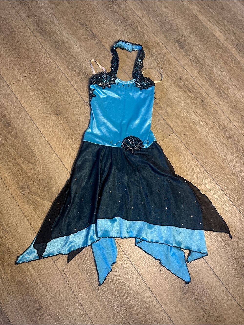 Blue and Black custom lyrical dress. Lace appliqué with Blue and AB stones.
